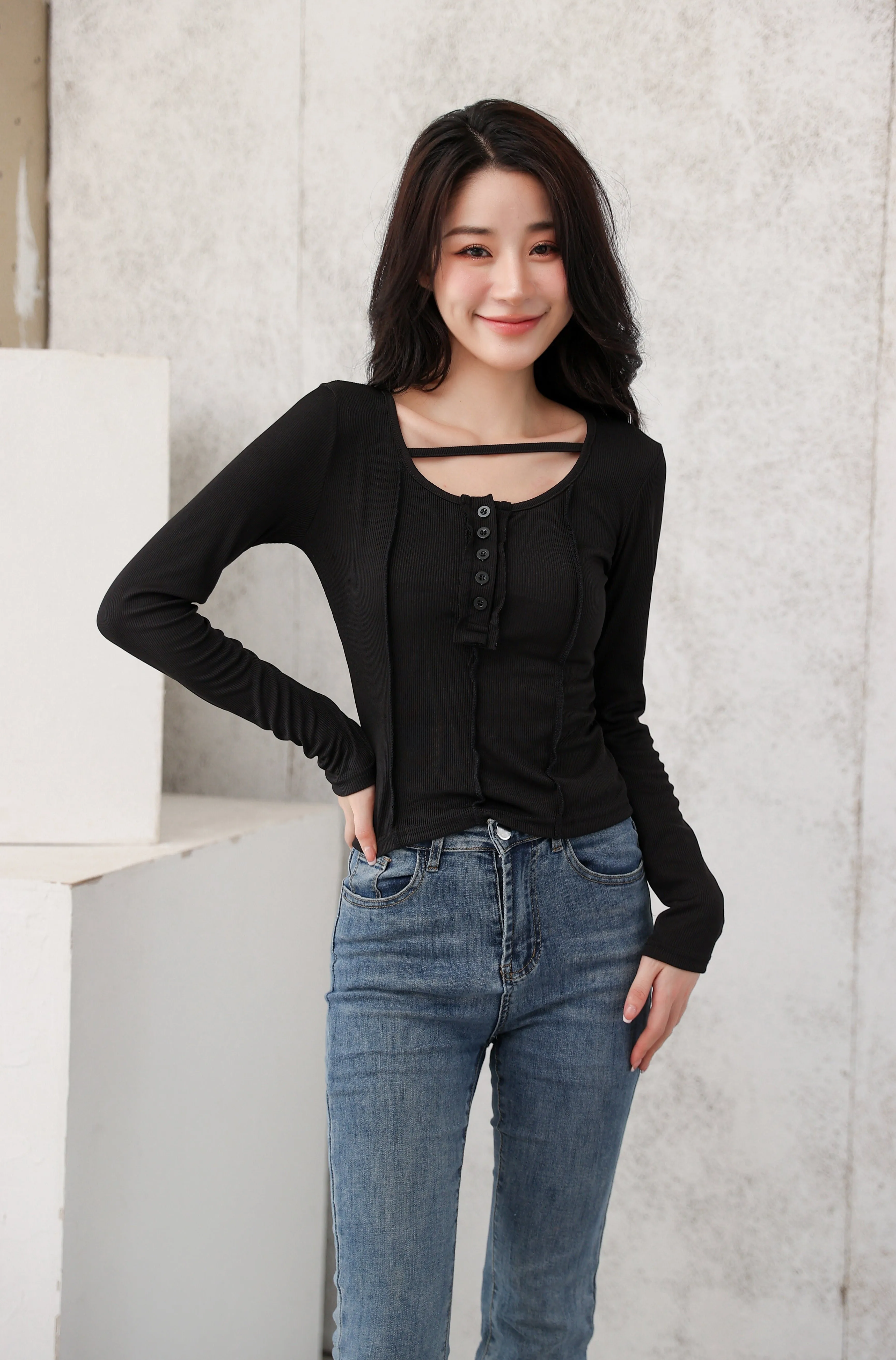 Henley Strap-Neck Patchwork Long Sleeve Crop Top