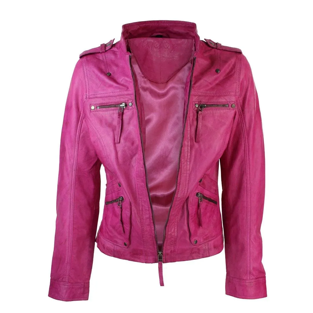 Ladies Women Genuine Real Leather Slim Fit Yellow Green Pink Biker Jacket