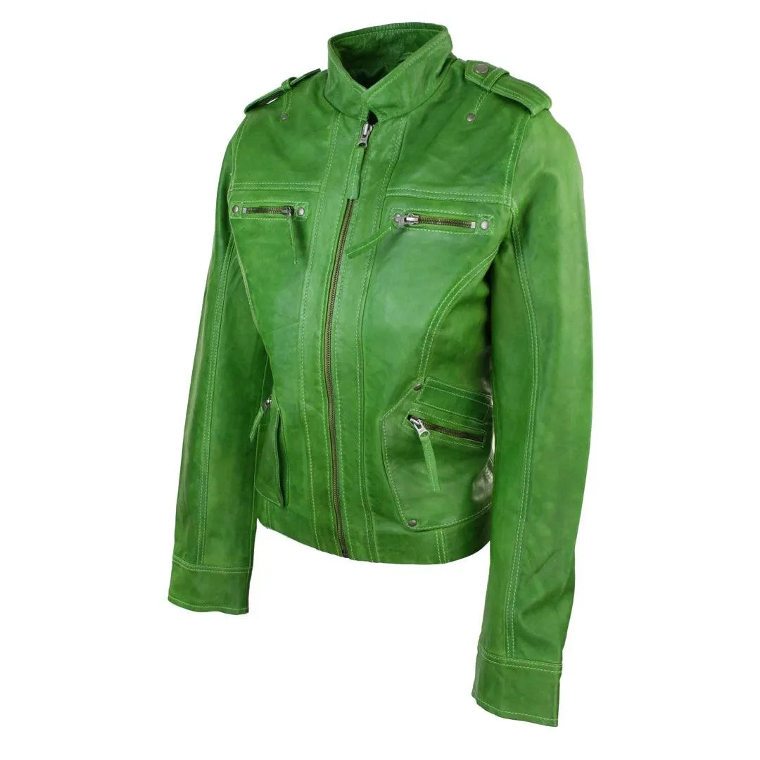 Ladies Women Genuine Real Leather Slim Fit Yellow Green Pink Biker Jacket