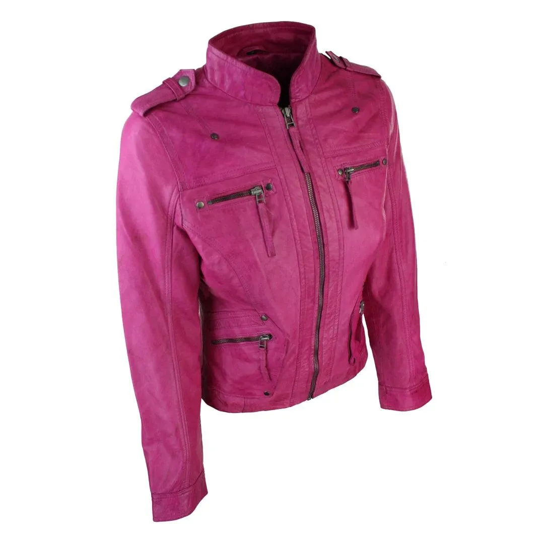 Ladies Women Genuine Real Leather Slim Fit Yellow Green Pink Biker Jacket