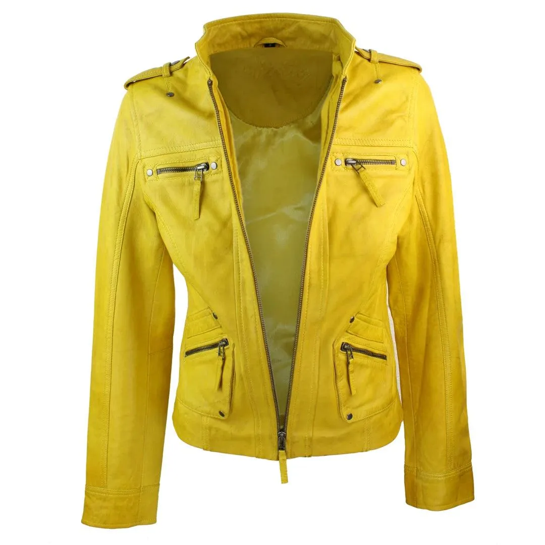 Ladies Women Genuine Real Leather Slim Fit Yellow Green Pink Biker Jacket