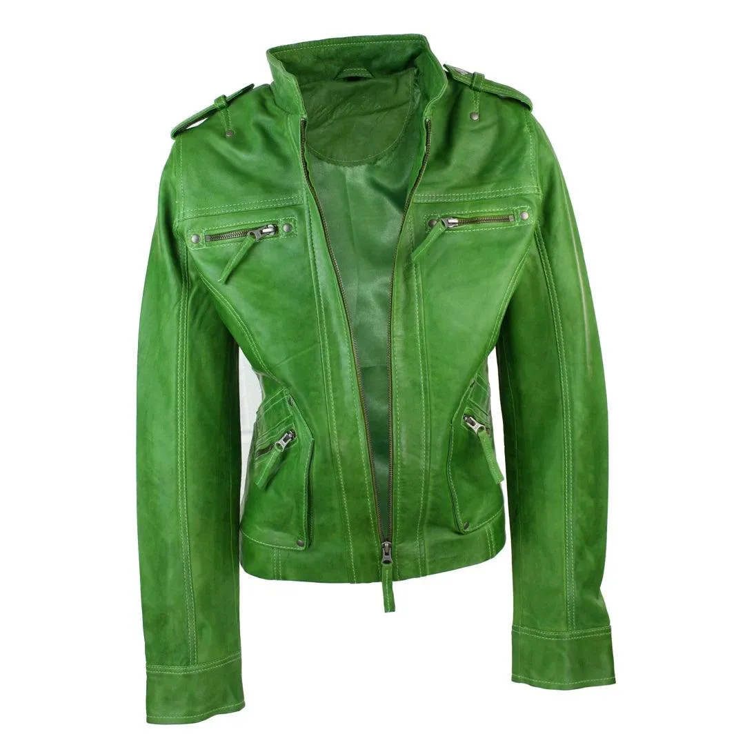 Ladies Women Genuine Real Leather Slim Fit Yellow Green Pink Biker Jacket