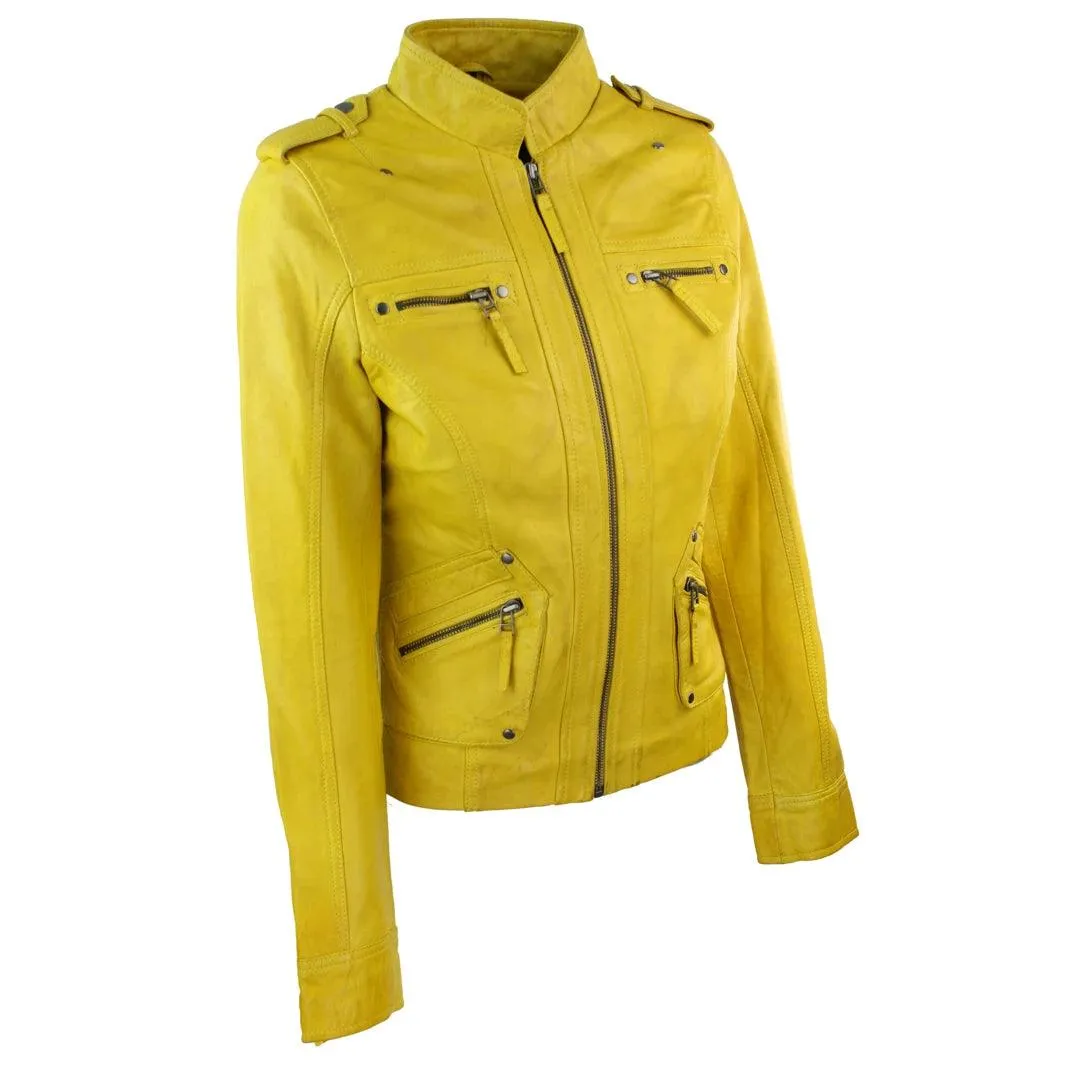 Ladies Women Genuine Real Leather Slim Fit Yellow Green Pink Biker Jacket