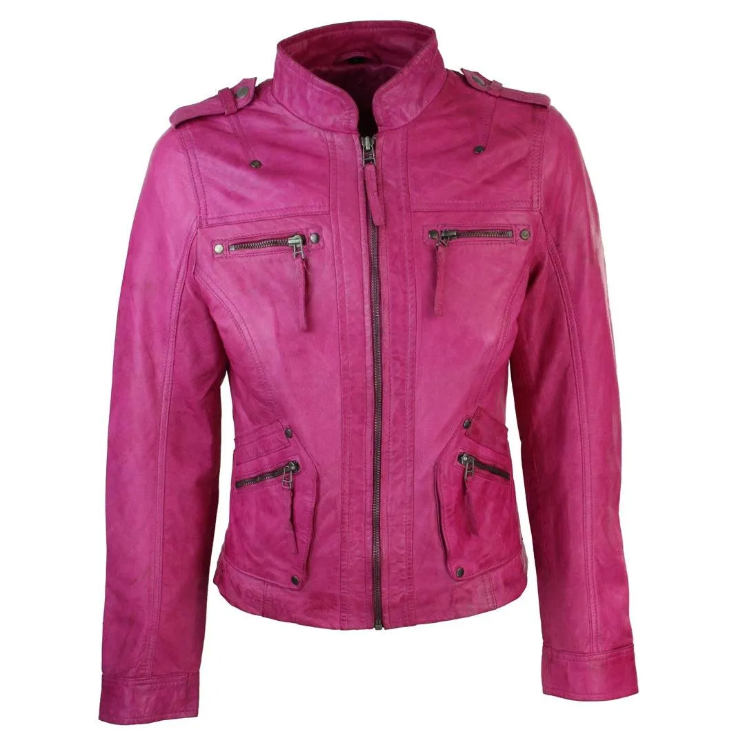 Ladies Women Genuine Real Leather Slim Fit Yellow Green Pink Biker Jacket