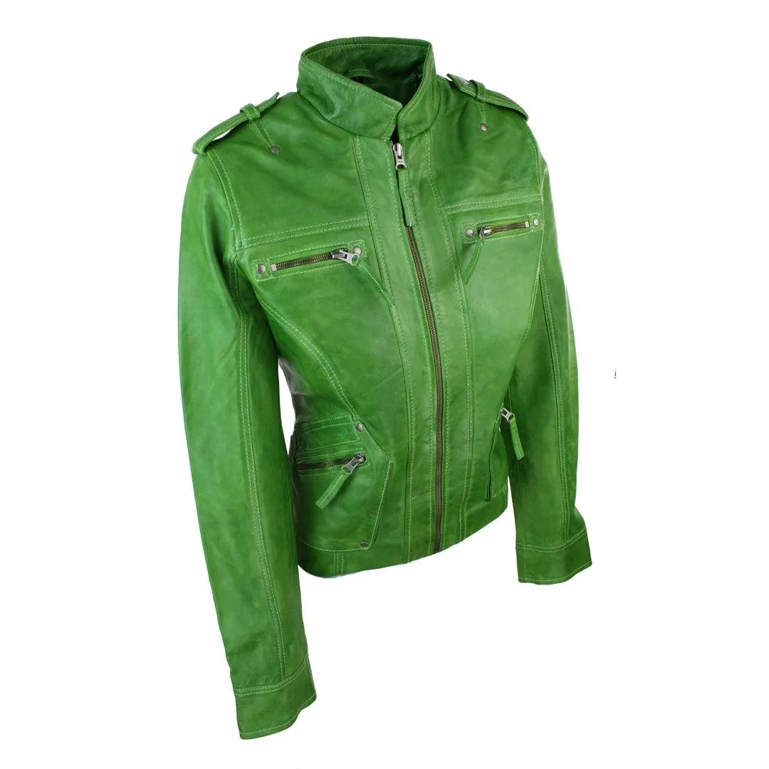 Ladies Women Genuine Real Leather Slim Fit Yellow Green Pink Biker Jacket