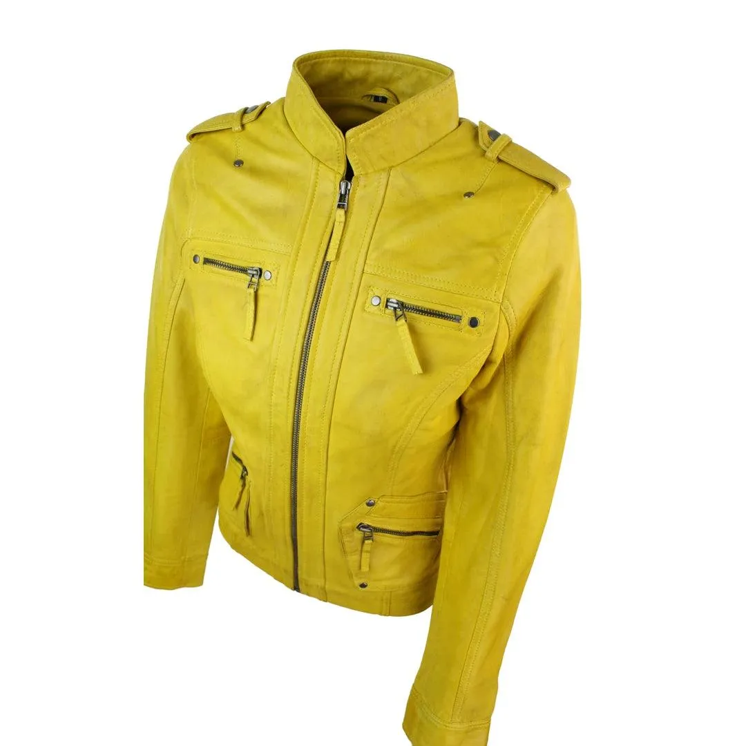 Ladies Women Genuine Real Leather Slim Fit Yellow Green Pink Biker Jacket