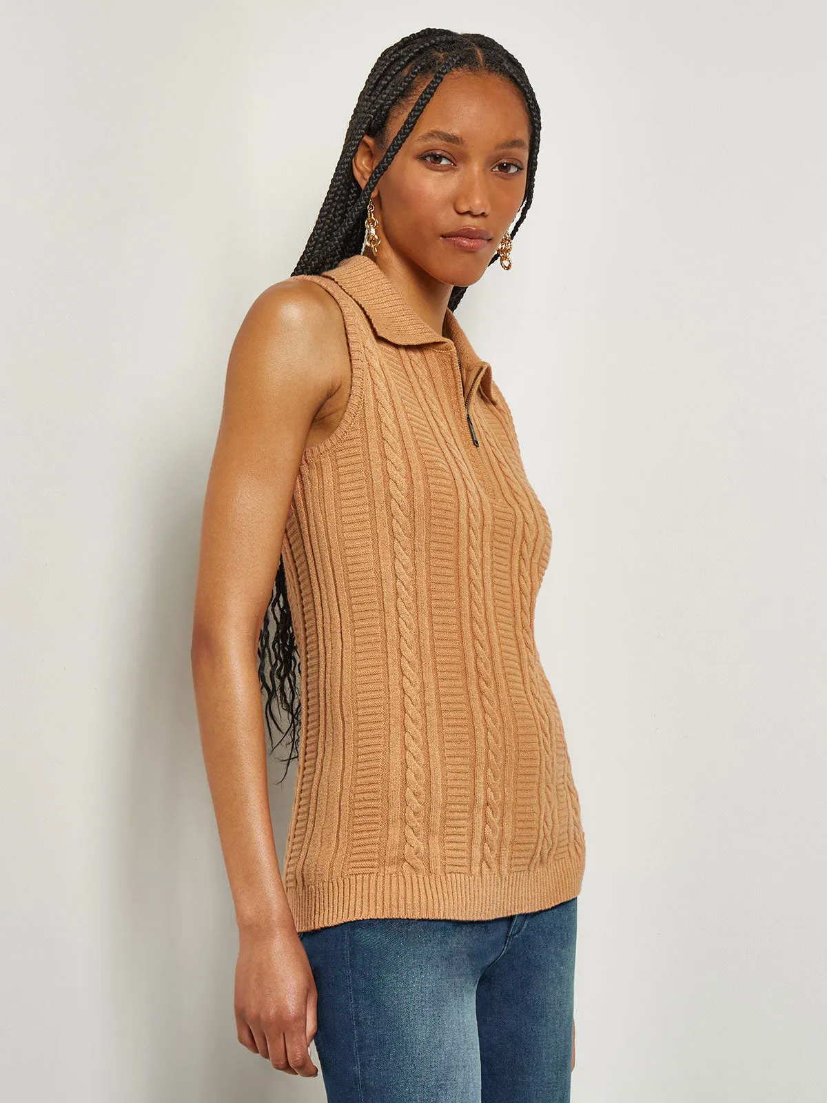 Lapel Collar Zip Neck Cable Knit Tank