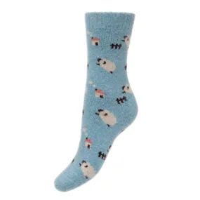 Light Blue Wool Blend Socks with Sheep