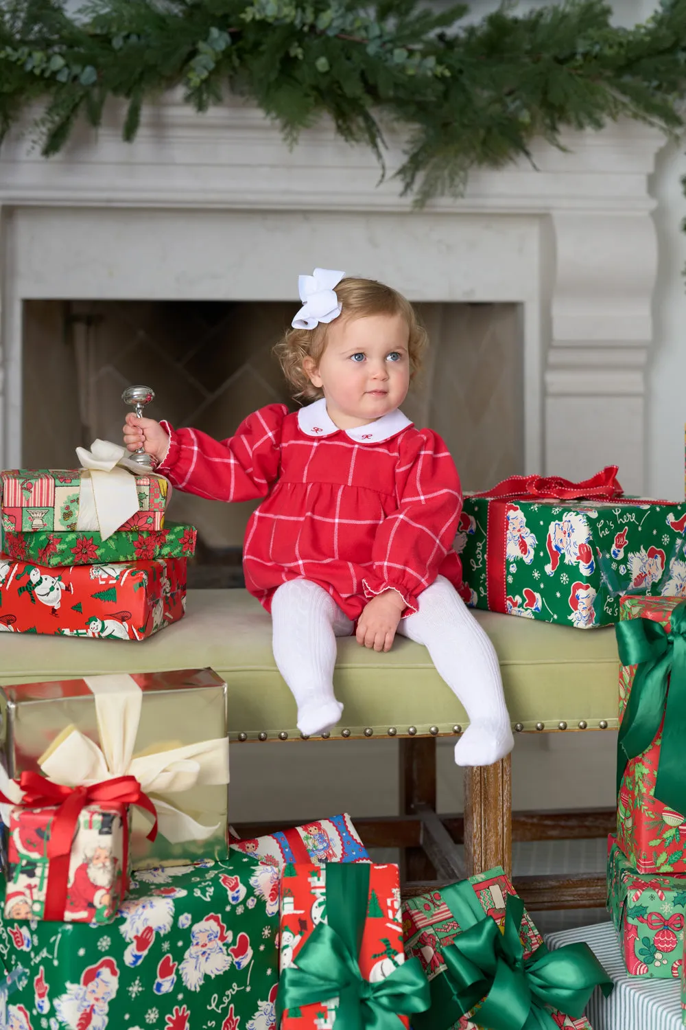 Long Sleeve Britt Bubble - Woodland Avenue Windowpane with Worth Avenue White & Richmond Red Bows