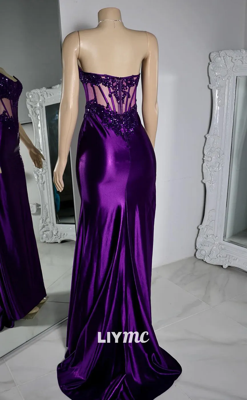 LP1420 - Off-Shoulder Sheer Appliques Sleek Satin High Slit Prom Dress for Black Girls Slay