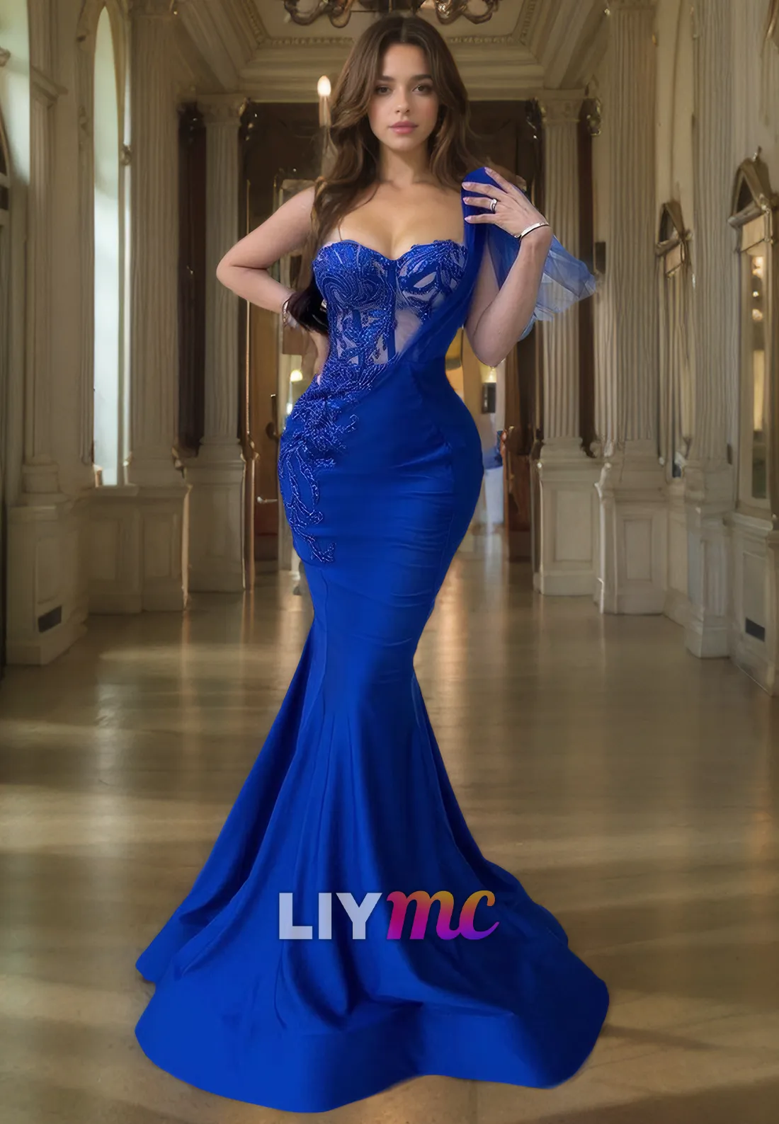 LP2168 - Sweetheart Appliques Sheer Fitted Mermaid Prom Dress