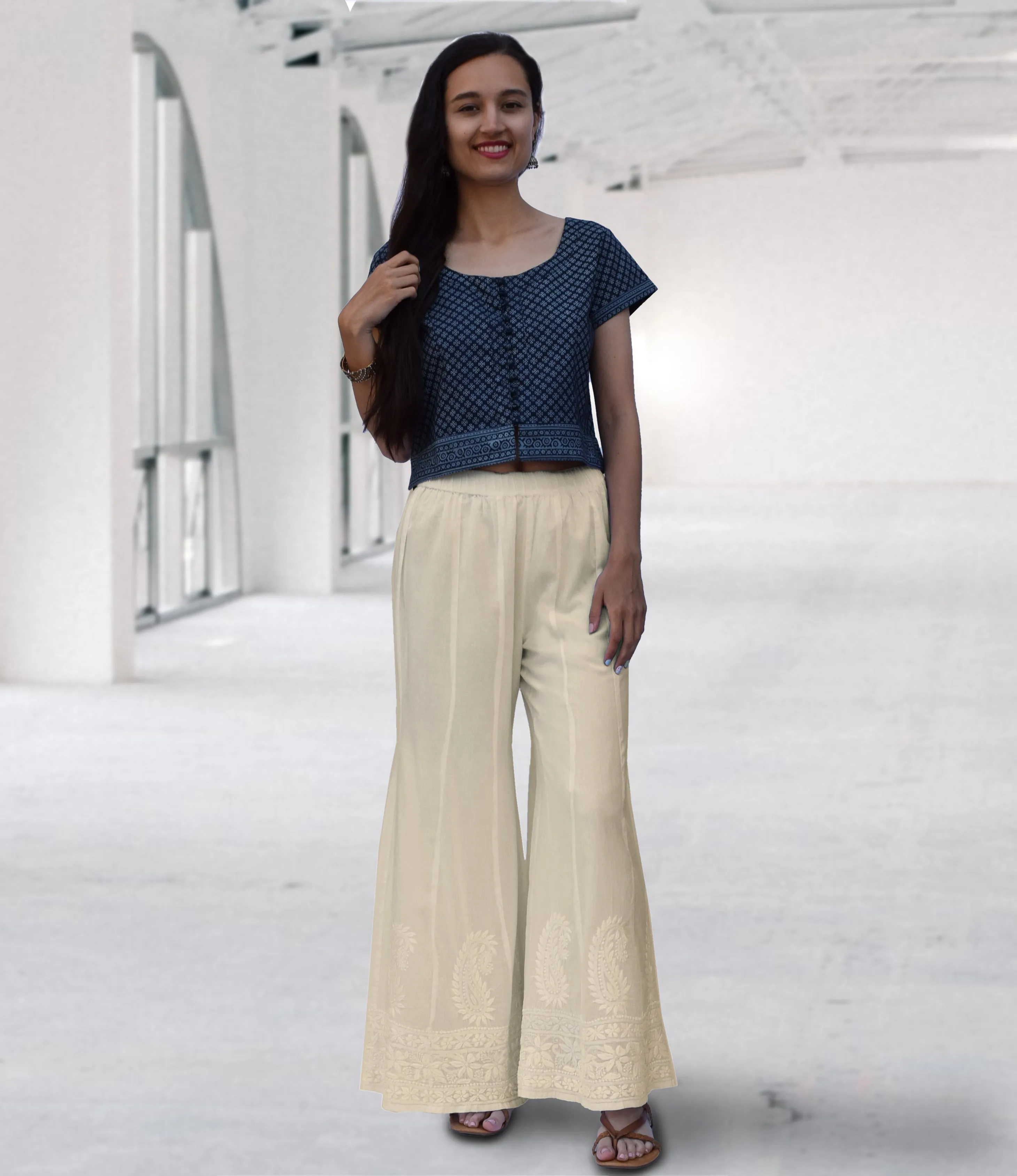 LUNA Pure Cotton Hand Embroidered Flared Bottom Pants: Made to Order, Customizable