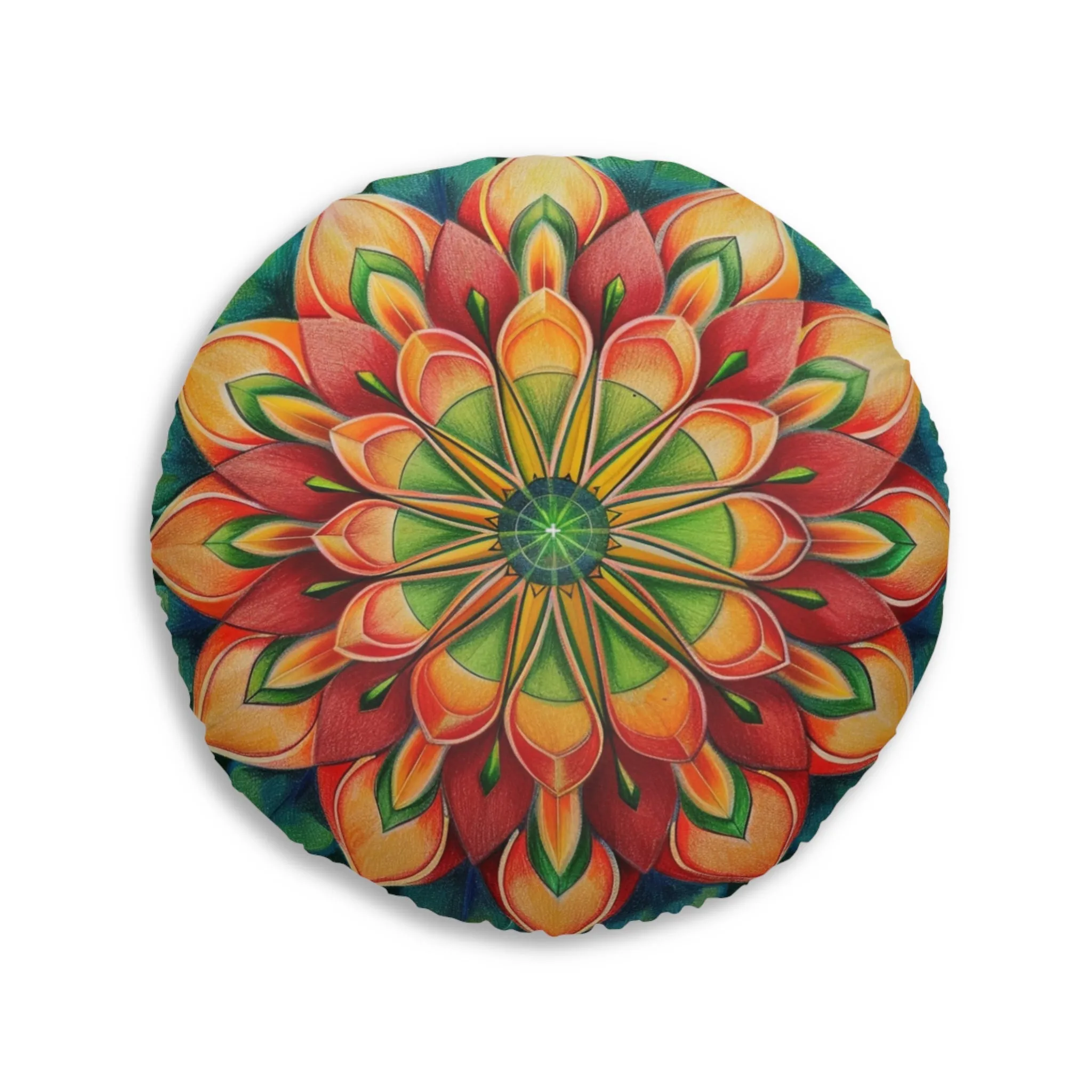 Mandala Art Design Green Red Floor Cushion - Round