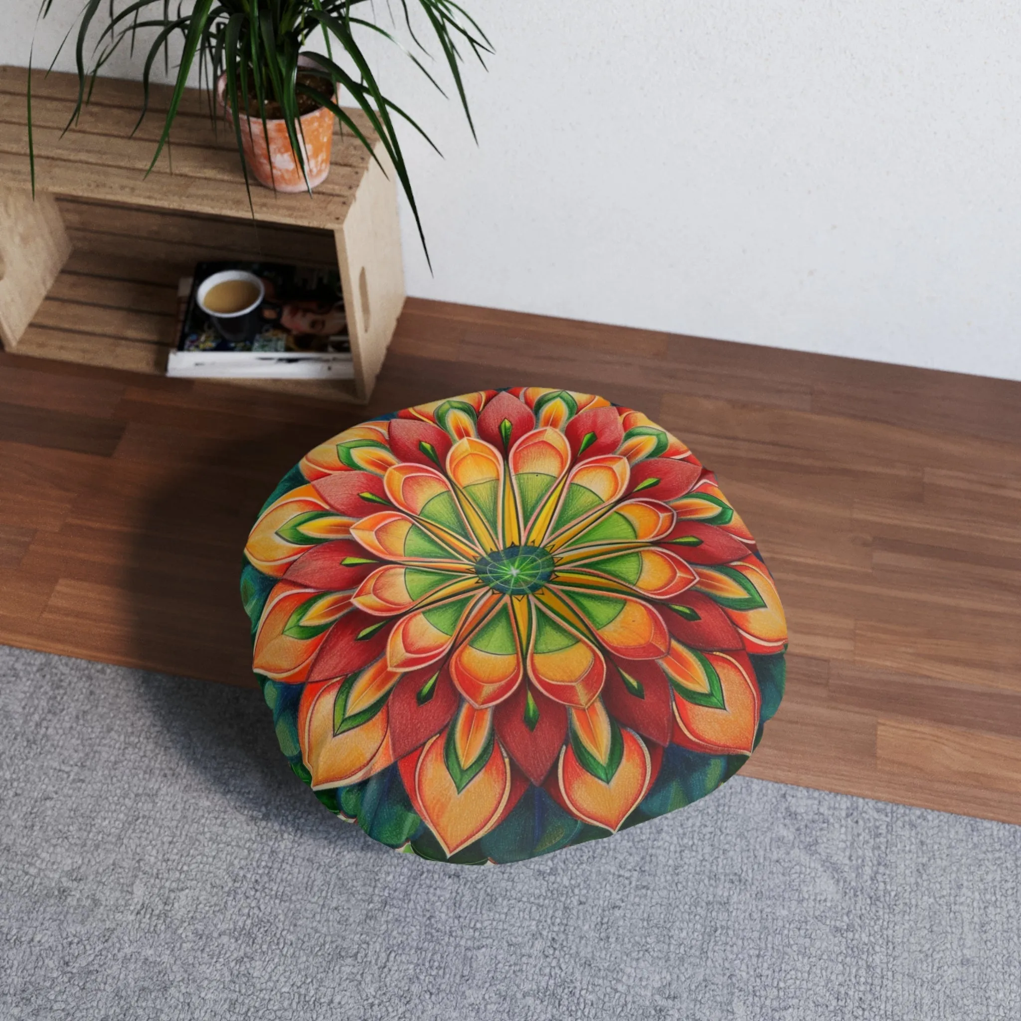 Mandala Art Design Green Red Floor Cushion - Round