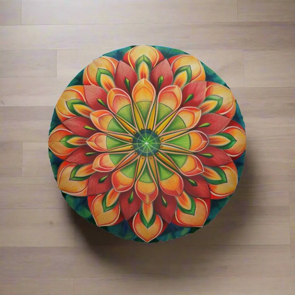 Mandala Art Design Green Red Floor Cushion - Round