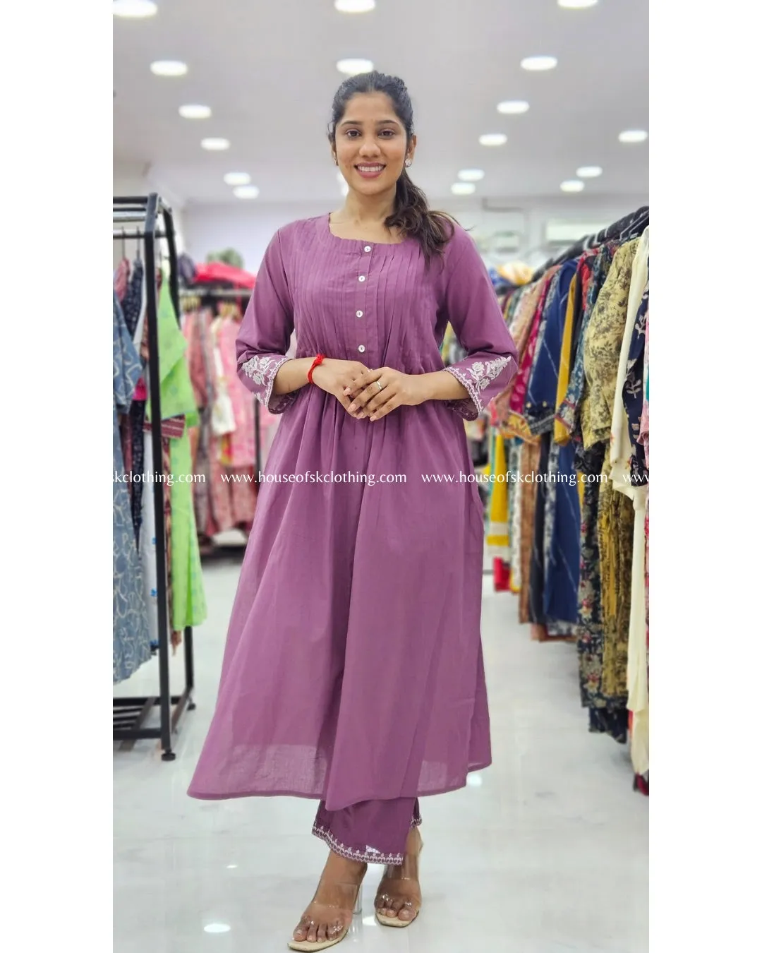 Mauve Pin Tuck Cotton Kurta Set