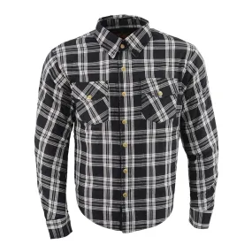 Men’s Black & White Armored Flannel Biker Shirt w/ Reinforced Fibers