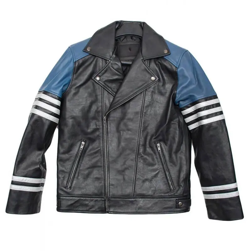 Men's Black and Blue Leather Biker Jacket with Striped Design