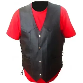 Men's Black Genuine Leather Biker Vest with Side Lacing