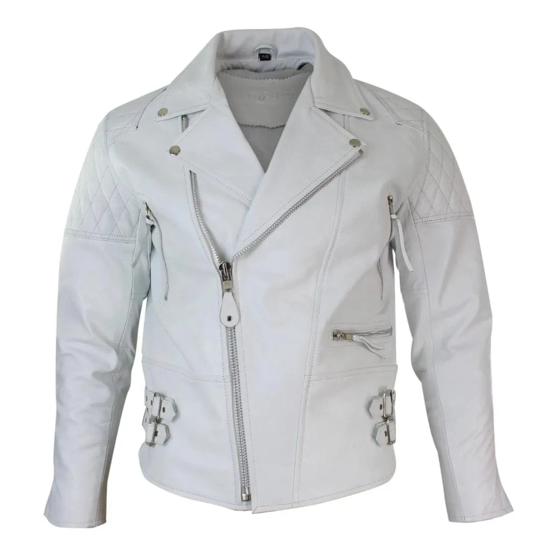 Mens Cross Zip Cow Hide Padded Biker Jacket White Black Brando Vintage