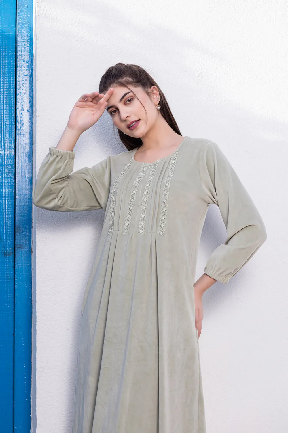 Mint Green velvet Nighty with Lace detail