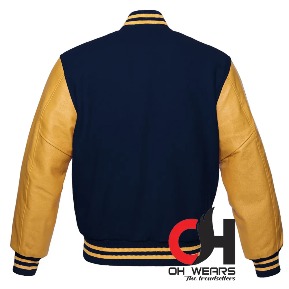 Navy Blue Wool and Genuine Yellow Leather Sleeves Varsity Jacket