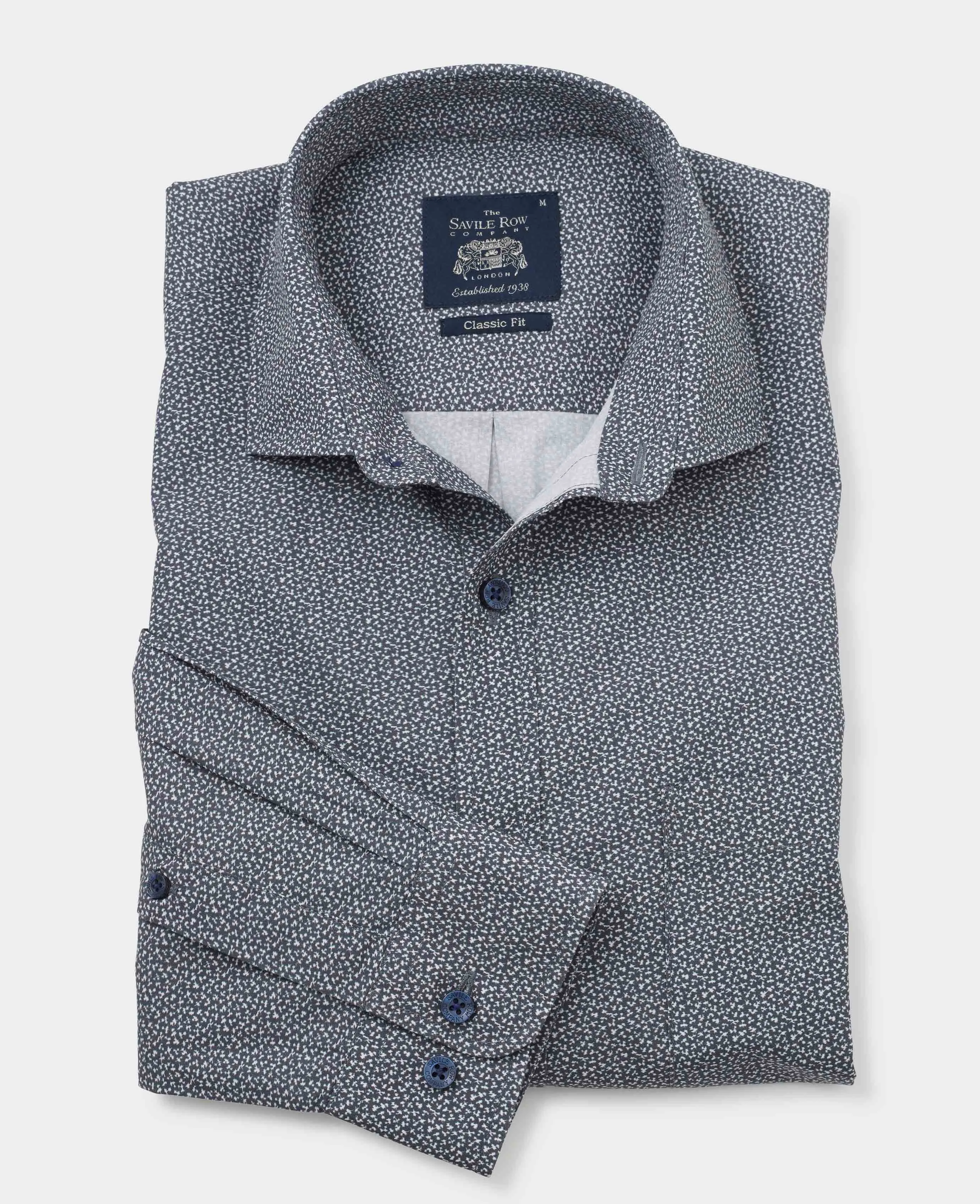 Navy Ditsy Print Classic Fit Smart-Casual Shirt