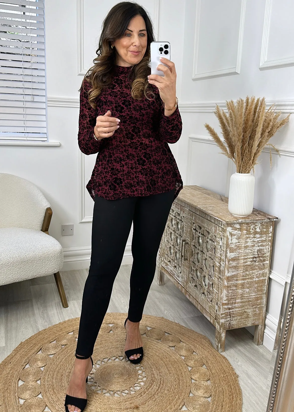 Nesta Burgundy Floral Mesh Blouse