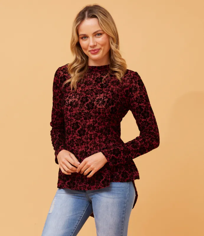 Nesta Burgundy Floral Mesh Blouse