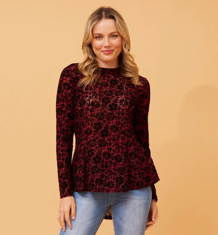 Nesta Burgundy Floral Mesh Blouse