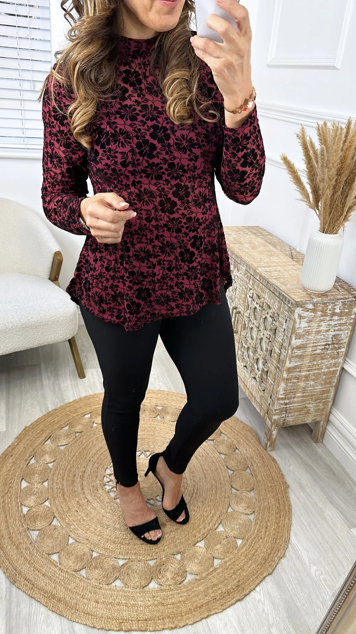 Nesta Burgundy Floral Mesh Blouse