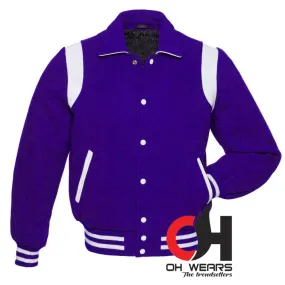 New Varsity Byron Collar Blue Wool with White Leather Stripes Baseball Bomber Letterman Jacket (Men, Women and Kid's), College Jackets