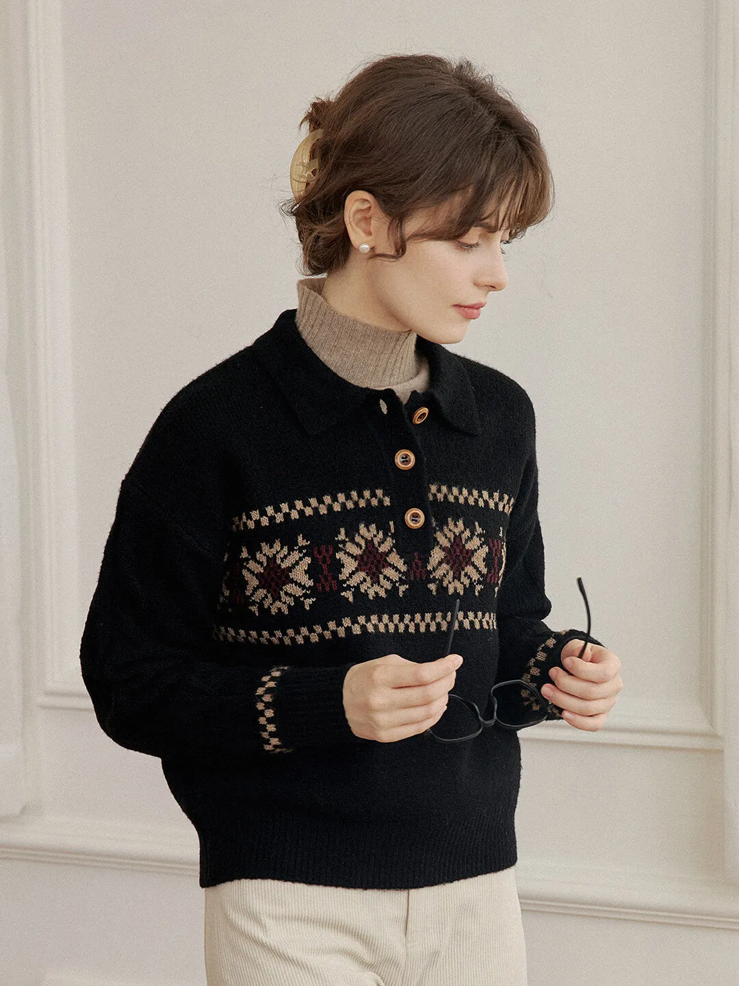 Norah Snowflake Jacquard Polo Fair Isle Knit Sweater