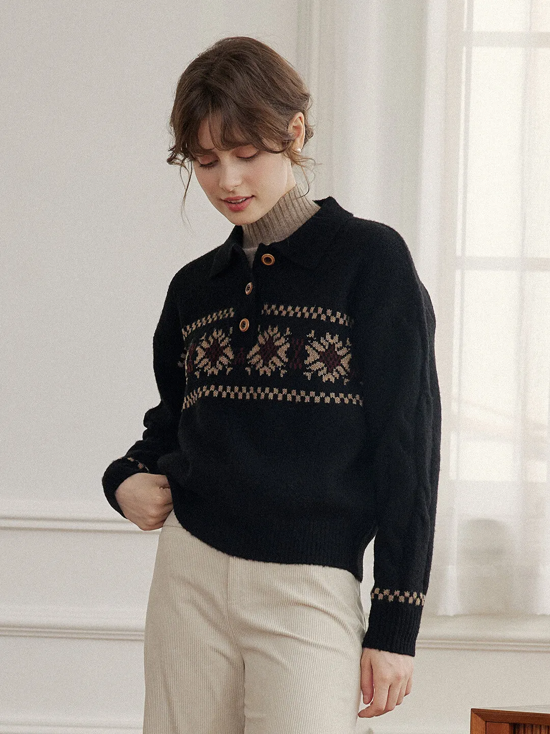 Norah Snowflake Jacquard Polo Fair Isle Knit Sweater