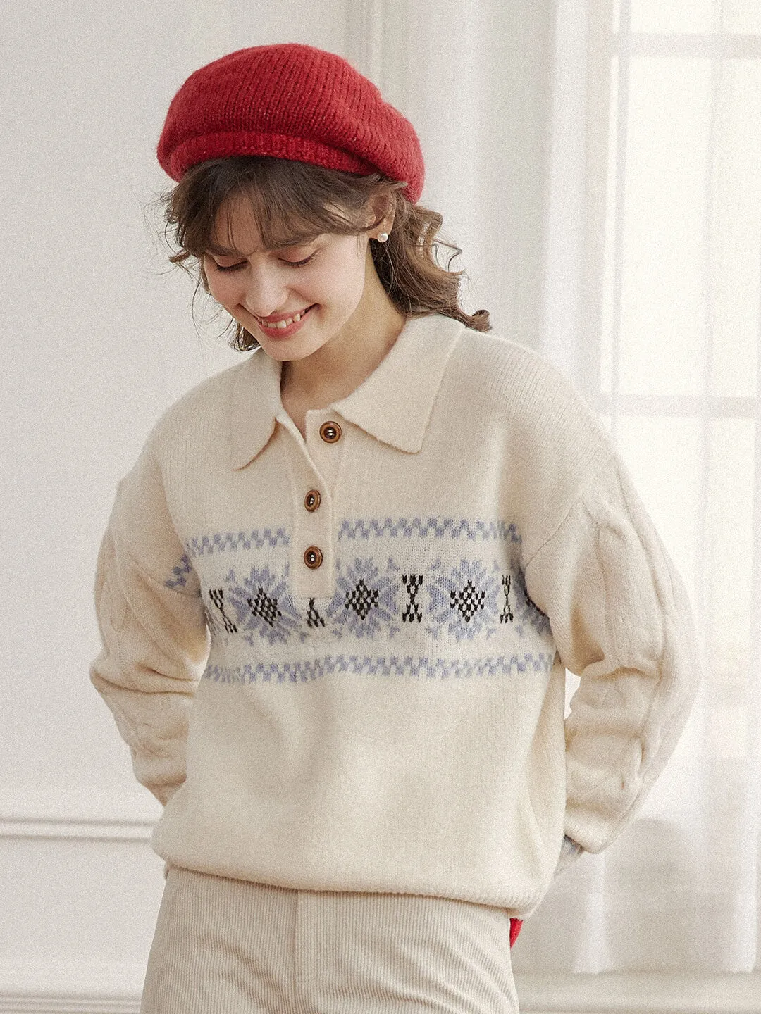 Norah Snowflake Jacquard Polo Fair Isle Knit Sweater