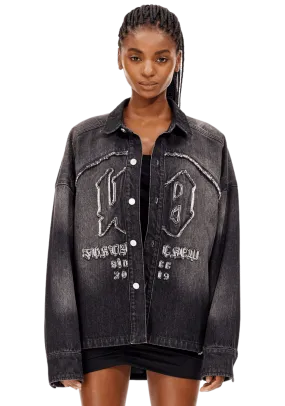 Patchwork Embroidery Frayed Denim Jacket