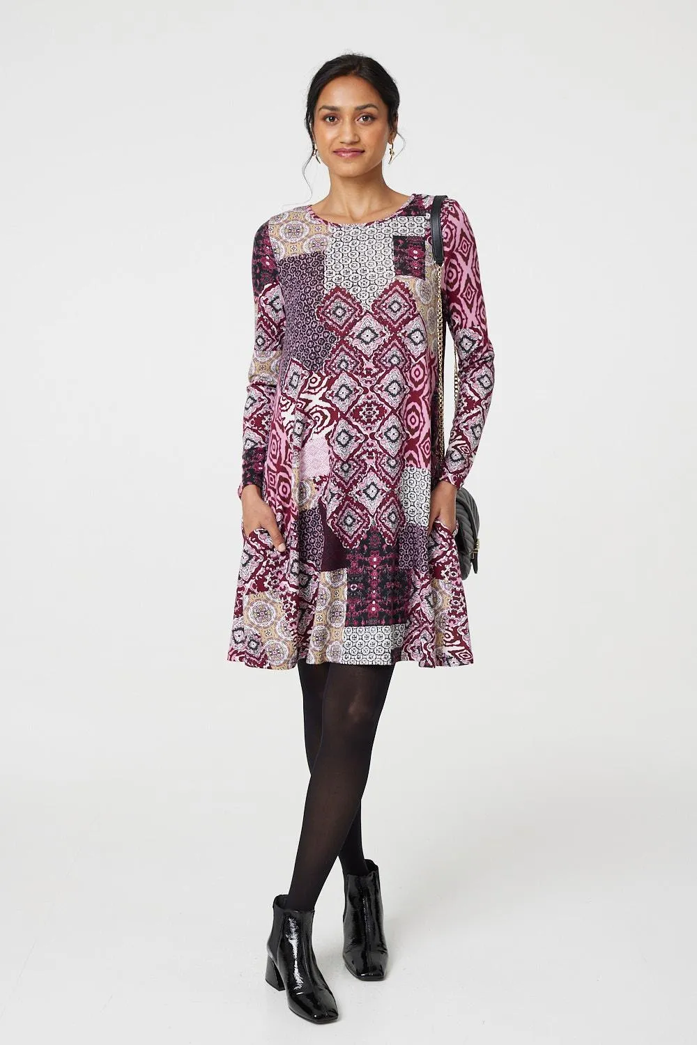 Patchwork Long Sleeve Short Swing Dress