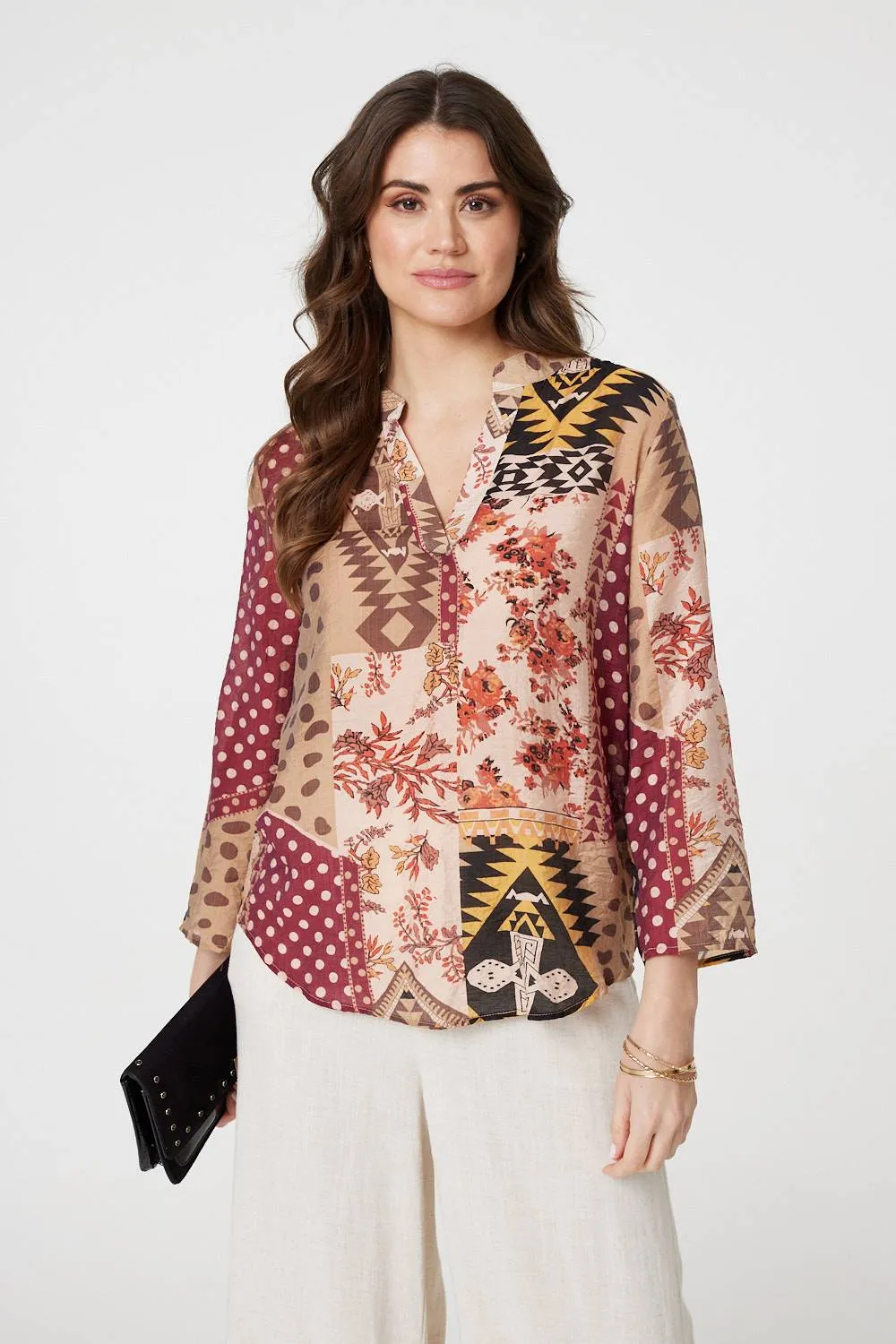 Patchwork Print Curve Hem Blouse