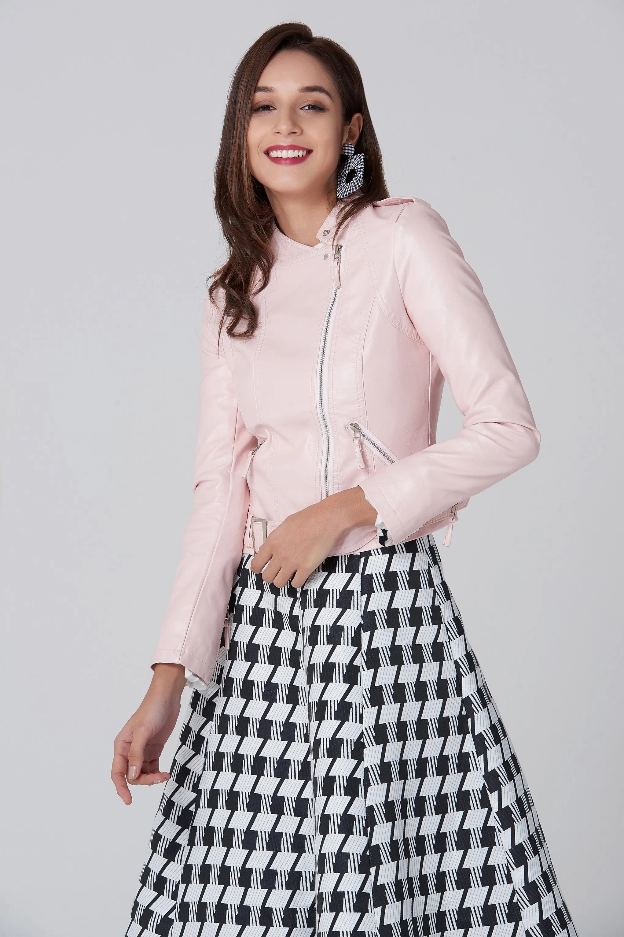 Pink Faux Leather Biker Jacket