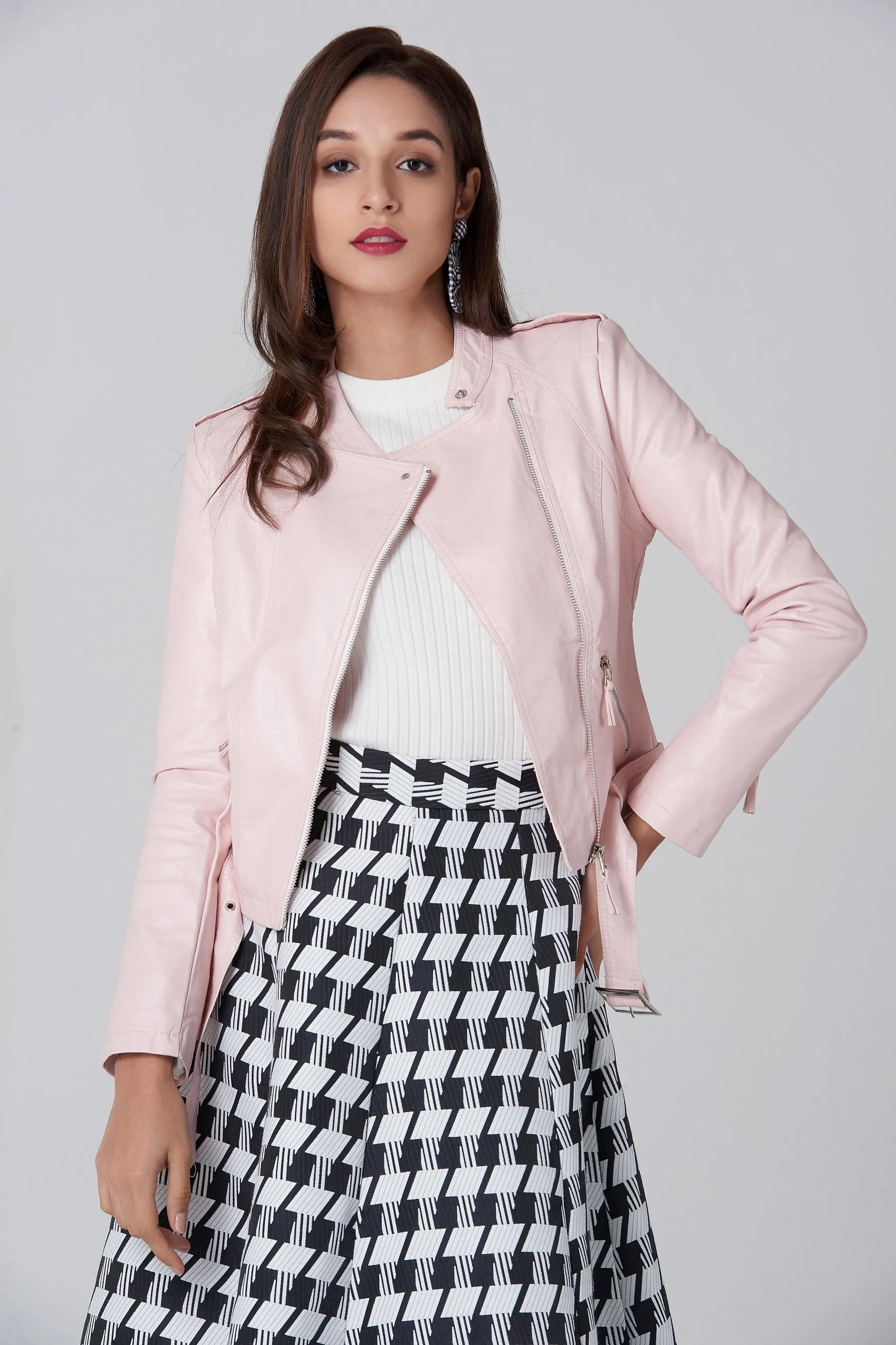 Pink Faux Leather Biker Jacket