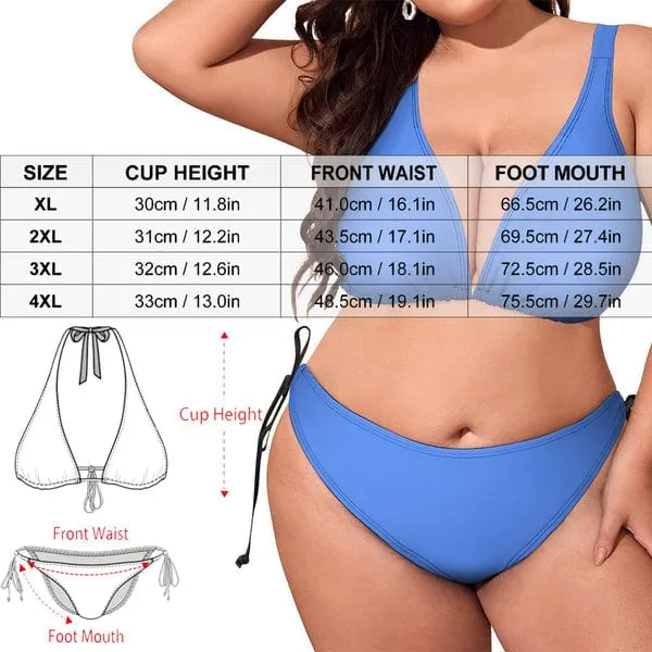 #Plus Size Halter Trikini-Custom Face Flowers Plus Size Swimsuit Deep V Neck Halter Tie Side Low Waisted Triangle Bikini Personalized Bathing Suit Beach Outfits