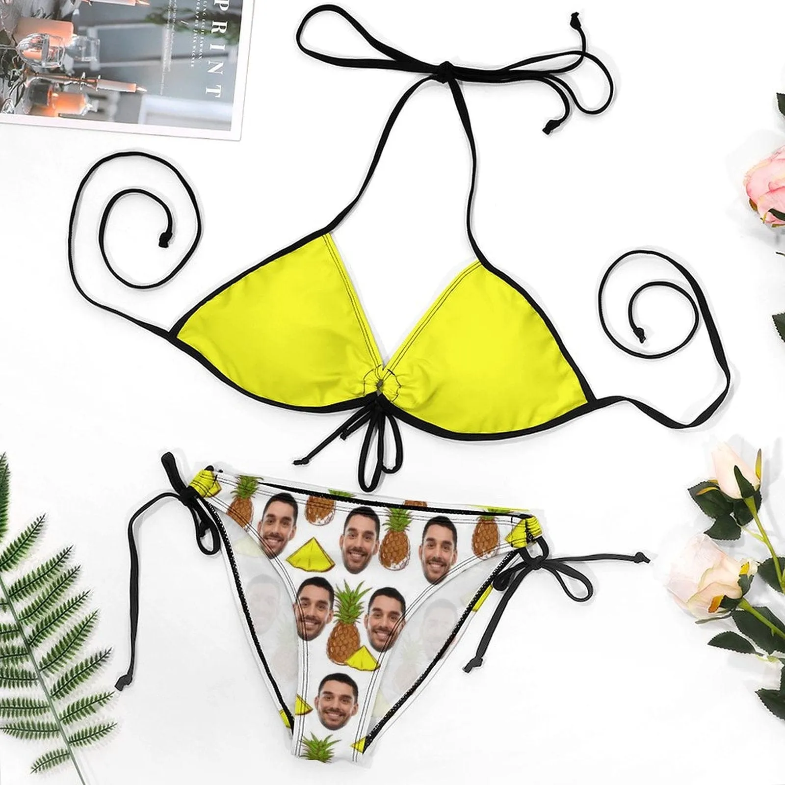 #Plus Size Halter Trikini-Custom Face Fruits Pineapple Plus Size Swimsuit String Link Halter Tie Side Low Waisted Triangle Bikini Personalized Bathing Suit