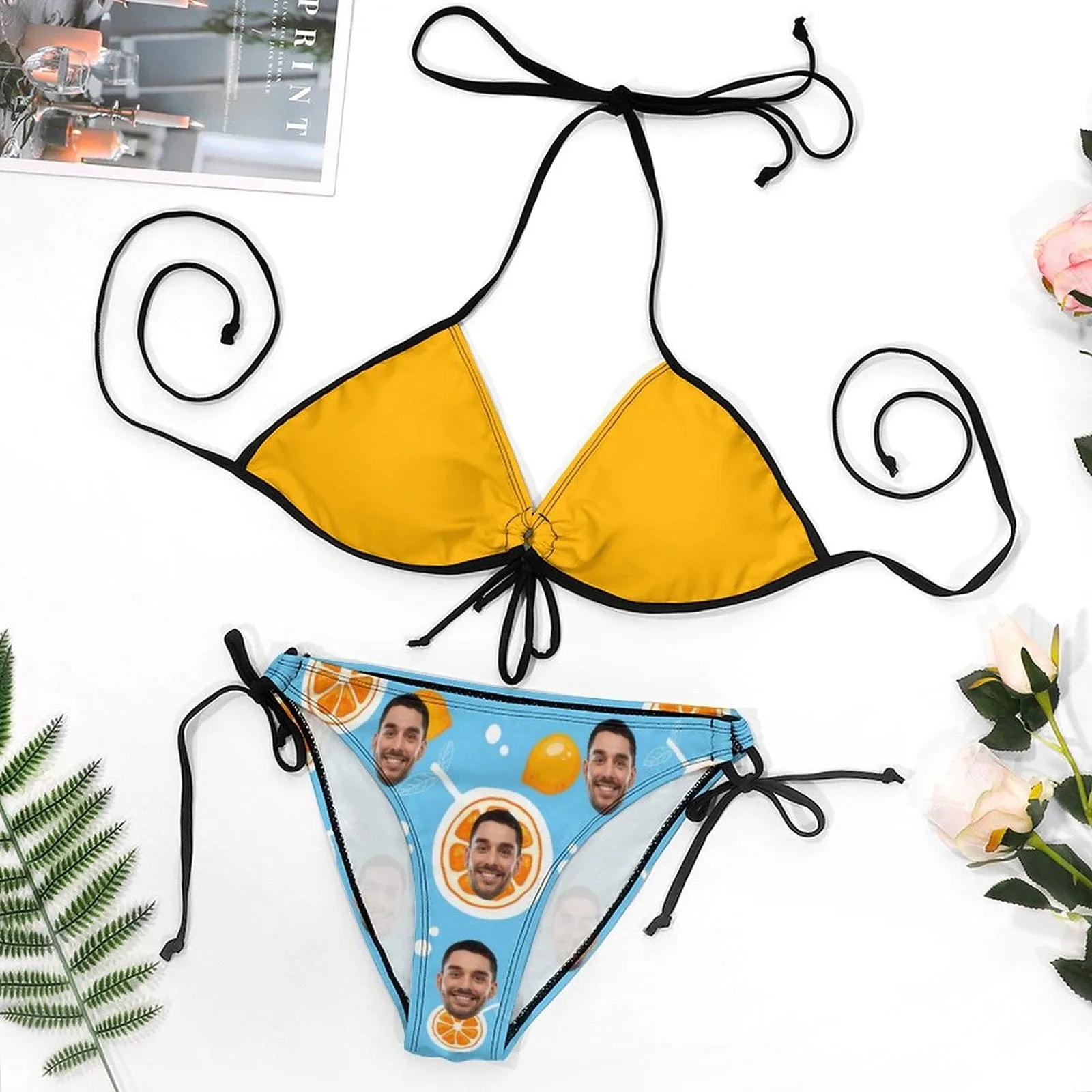 #Plus Size Halter Trikini-Custom Face Fruits Pineapple Plus Size Swimsuit String Link Halter Tie Side Low Waisted Triangle Bikini Personalized Bathing Suit