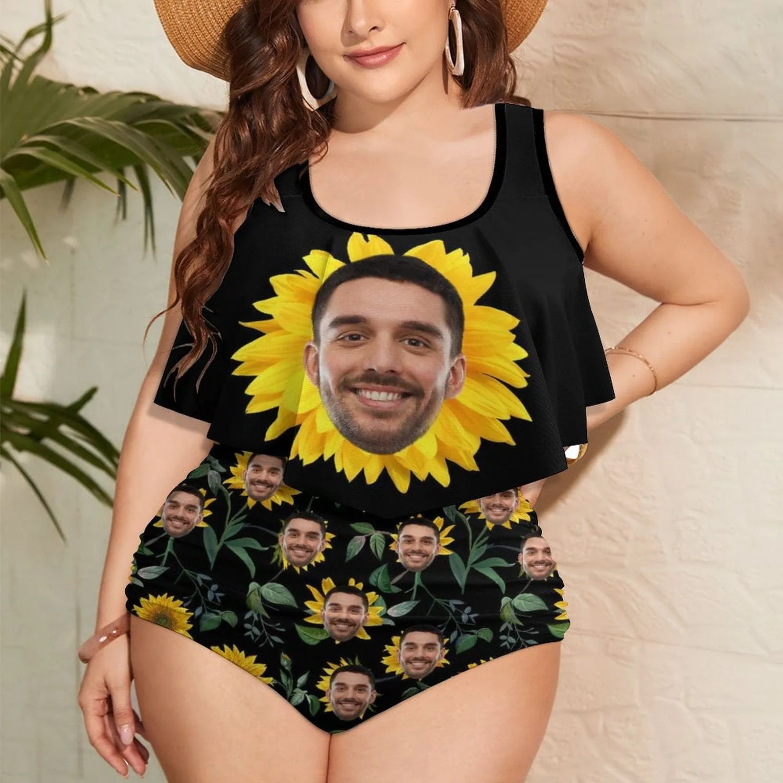 #Plus Size Ruffle Tankini-Custom Face Sunflowers Plus Size Swimsuit Ruffle High Waisted Bikini Personalized Tankini Women's Two Piece Summer Swimsuit Cover Your Tummy