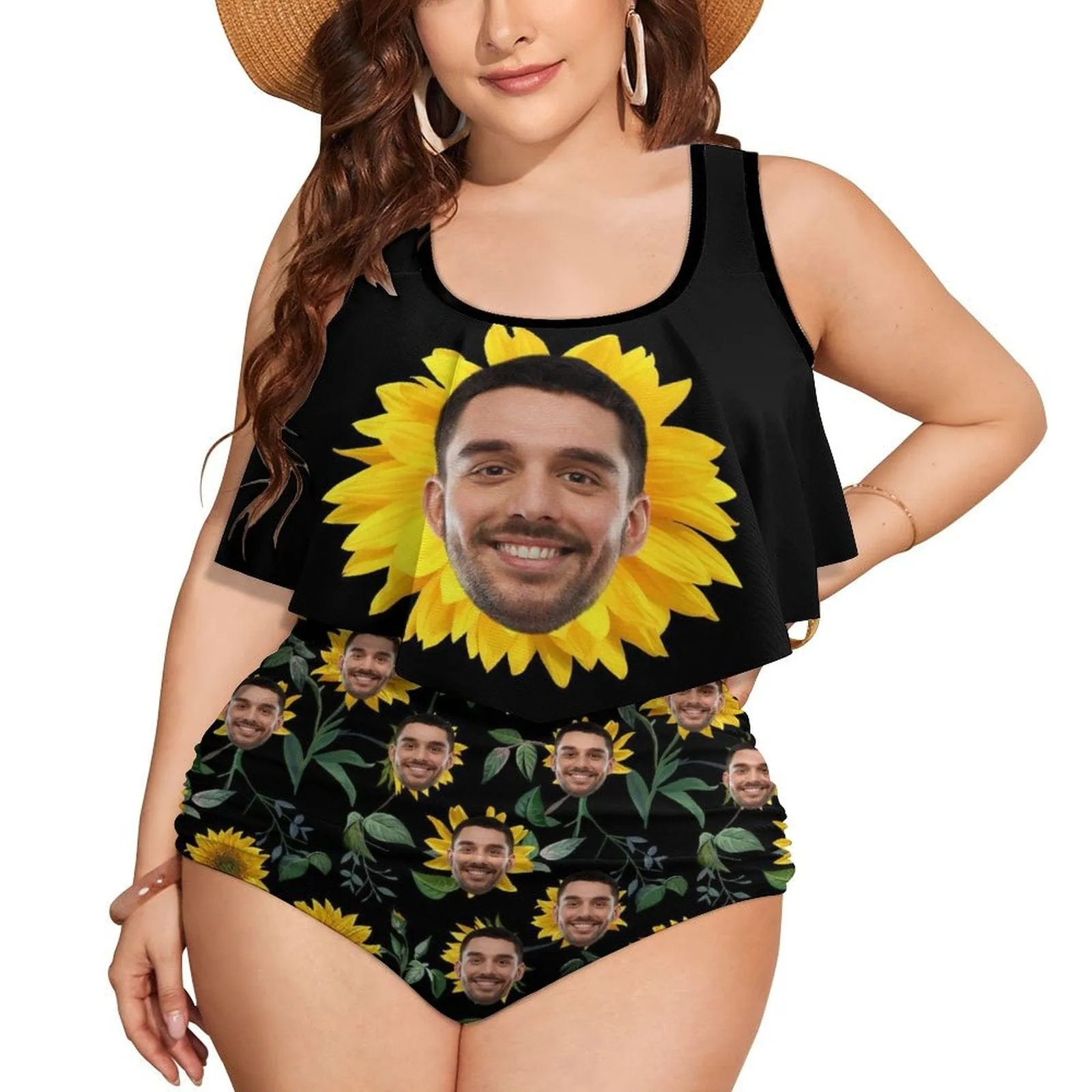 #Plus Size Ruffle Tankini-Custom Face Sunflowers Plus Size Swimsuit Ruffle High Waisted Bikini Personalized Tankini Women's Two Piece Summer Swimsuit Cover Your Tummy