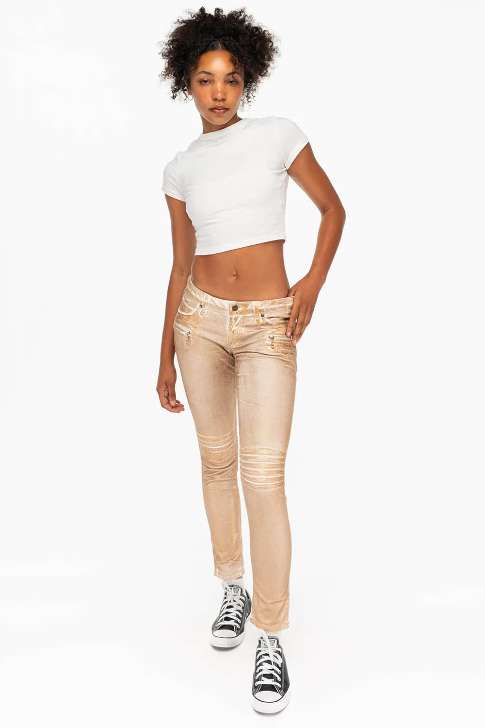 ROBIN'S BIKER WOMENS JEANS IN WHITE GOLD STRIPE FOIL