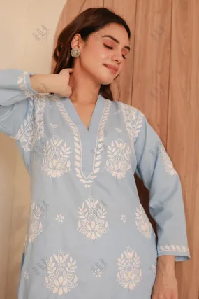 Saba Chikankari Short kurta in Slub cotton - Powder Blue