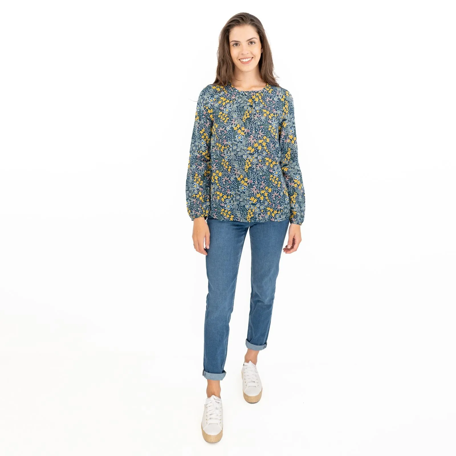 Seasalt Cloud Drift Floral Gardens Blue Blouse Long Sleeve Lightweight Tops