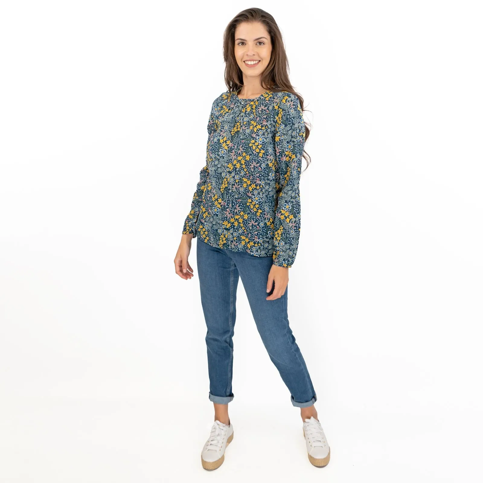 Seasalt Cloud Drift Floral Gardens Blue Blouse Long Sleeve Lightweight Tops