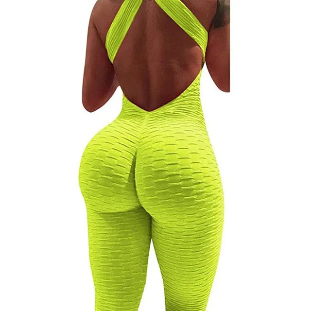 Sfit Women Summer Sports Yoga Set Siamese High Waist Hips Trousers Halter Top Backless Bandage Yoga Jumpsuit Fitness Tracksuit